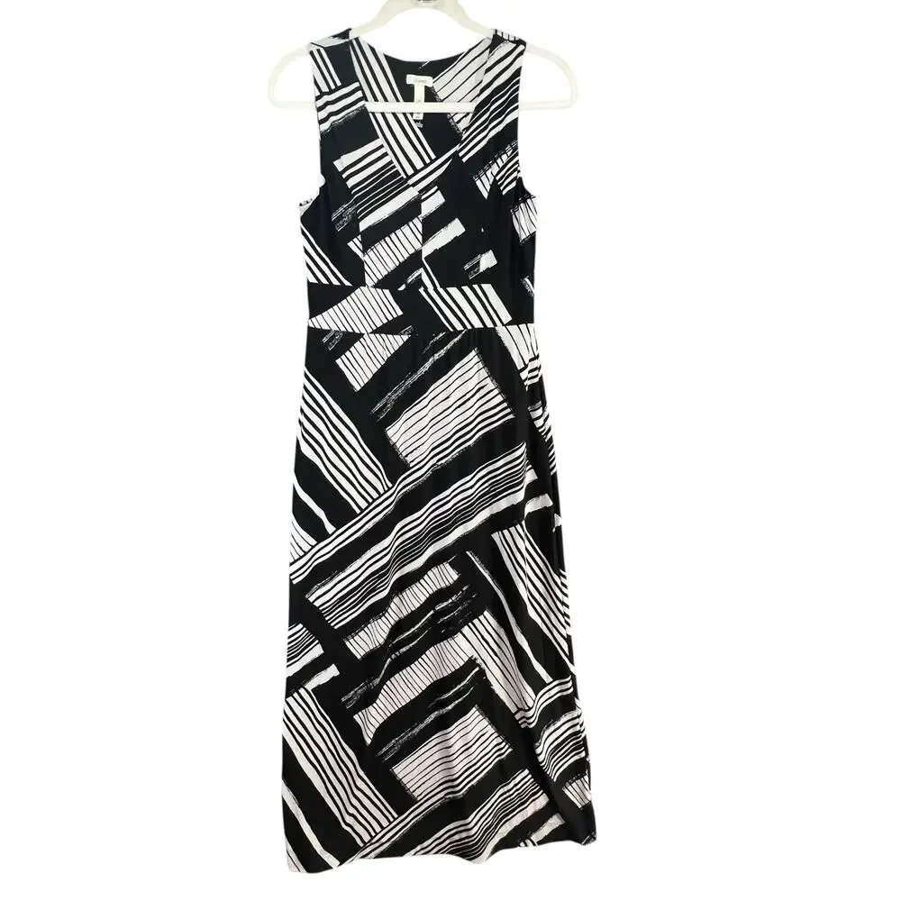 Soma Maxi Dress Womens S Black White Geometric Striped Empire Waist Soft Comfort